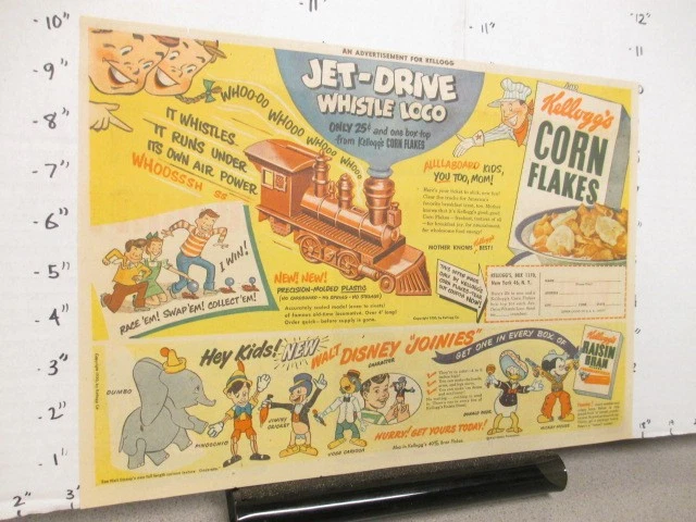 Periódico Anuncio Premium 1950 Kelloggs Caja de Cereales Disney Joinnies Globo Locomotora Foto 1 de 1