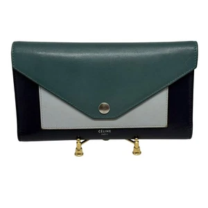 Cartera Celine Paris Bi Plegable Cuero Gris Teal Azul Marino Botón Cierre a Presión Bloque de Color - Imagen 1 de 10