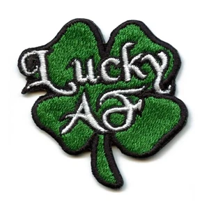 Lucky AF Four-Leaf Clover Patch Green Funny Holiday Embroidered Iron On - Picture 1 of 2