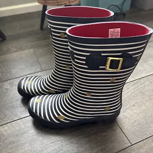 Joules Womens 9 Molly Welly Mid Rain Boot Navy Blue Stripe Gold Polka Dot - Picture 1 of 7