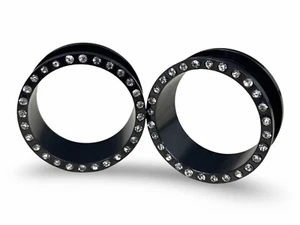 Pair of Black CZ Screw on Tunnels set gauges plugs PICK SIZE - Picture 1 of 5