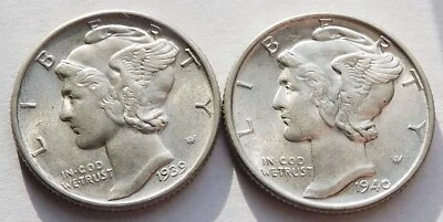 1939 + 1940 (FSB) Mercury Silver Dimes BU+ Two 10C coins - Image 1 of 2