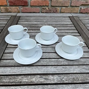 Williams Sonoma Pillivuyt Basketweave Porcelain Cups & Saucers White Set/4 NWOB