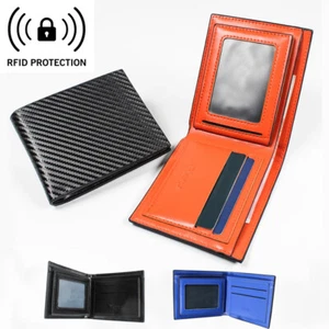 Men's Carbon Fiber Leather Slim Wallet RFID Blocking Bifold ID Card Holder - Picture 1 of 10