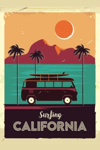 Surfing California Coastline Vintage Van Palm Trees Art Print Poster 12x18 - Picture 1 of 8