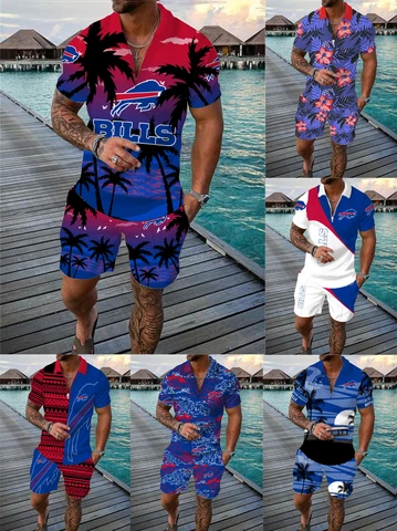 Buffalo Bills 2 Pieces Outfits Casual Zip Collared Shirt Summer Beach Shorts Set Cover