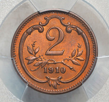 1910, Austria, Francis Joseph I. Bronze 2 Heller Coin. Low Pop 2/1! PCGS MS-64!