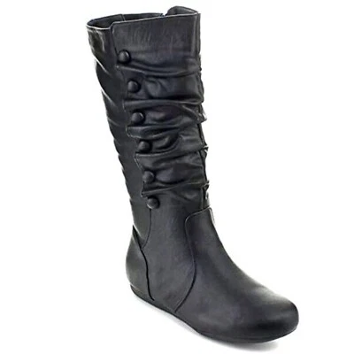 Ruched Wrinkle Design Mid-Calf Stitching Studded Detail Narrow Fit Flat Boot - Image 1 of 4