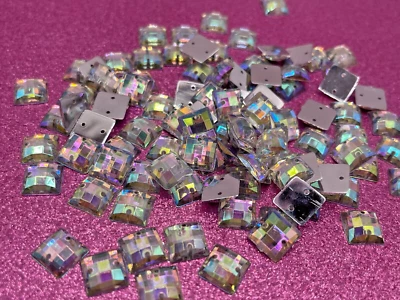 100 SEW ON BEADS SQUARE RHINESTONE CLEAR AB FLAT BACK HOLED FACETED 10mm - Image 1 of 4
