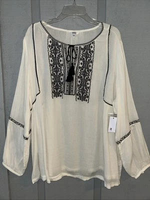 NWT Sonoma Woman 1x Embroidered Peasant Top Ivory Crinkle Gauze Cottage Boho - Image 1 of 4
