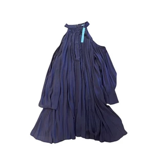She + Sky NWT Pleated Cold Shoulder Dress Flowy Halter Neck Navy Blue L - Picture 1 of 3