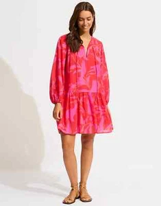 Seafolly Birds Of Paradise Dress Womens XL Pink Cotton Tiered Puff Sleeve ERK351 - Picture 1 of 10