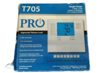 Pro1 IAQ T705 5+1+1 Day Dual-Powered Programmable Thermostat, 1H/1C, NOS, White - Image 1 of 4