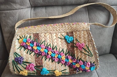 Vintage Handmade Purse/Handbag Woven Floral Straw w/ Raffia Large- Fully Lined - Image 1 of 4