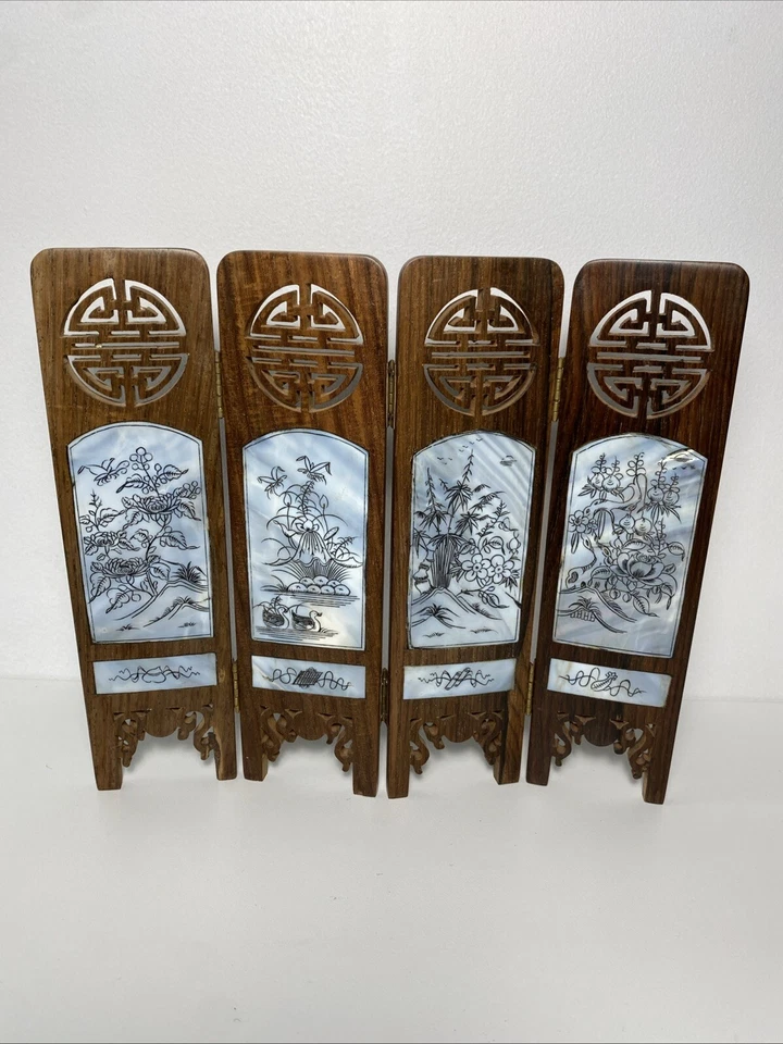 Antigo 4 painéis asiáticos mini tela dobrável pintada à mão painéis esfregão madeira decoração para casa - Imagem 1 de 4