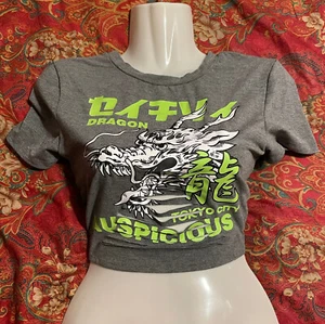 Shein Gray Dragon Print Short Sleeve Cropped Crop T-Shirt Too Baby Tee Slits M - Picture 1 of 5