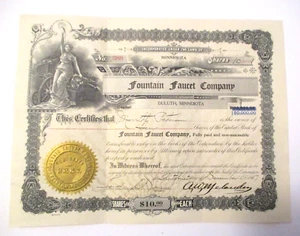 RARE OBSOLETE ANTIQUE 1917 FOUNTAIN FAUCET Co. DULUTH, MINN. STOCK CERTIFICATE - Picture 1 of 2