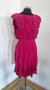 Escada Hot Pink Silk Dress Sz 38 UK 12 Ruffles Lined Cap Sleeve Pure Silk Frills - Picture 1 of 11