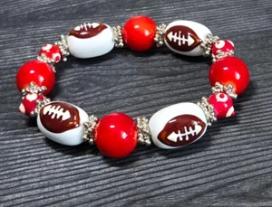 Football Bracelet Sport Jewelry Red White Football Team Color Handmade - Picture 1 of 8