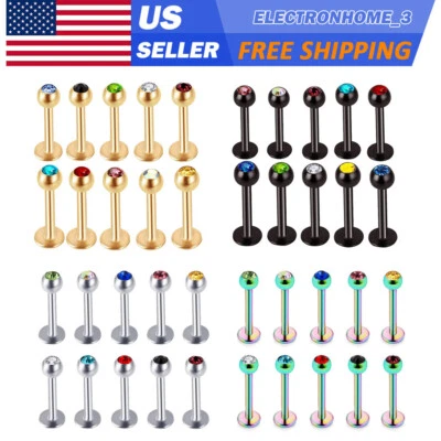 10PCS 16G Lip Ring Surgical Steel CZ Labret Nose Ear Tragus Stud Body Piercing - Image 1 of 4