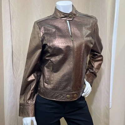 Chaqueta de cuero Pamela McCoy para mujer M marrón cocodrilo en relieve bolsillos delanteros con cremallera Foto 1 de 4