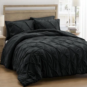 King Comforter Set Black Ultra Soft Boho Pintuck down Alternative Bedding Set - Picture 1 of 8