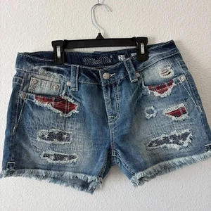 Miss Me Stars & Stripes Cut Off Fringe Shorts Size 29 Patriotic American Flag - Picture 1 of 6