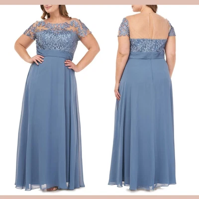 NWD JS Collections [ 14W ] Floral Embroidered Chiffon Gown in Blue #S2054 - Image 1 of 4