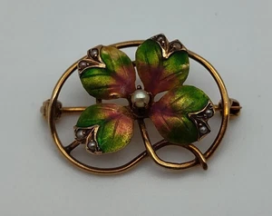 Antique 10K Yellow Gold 4 leaf Clover Enamel Pearl Pink Green Brooch Pin - Picture 1 of 6