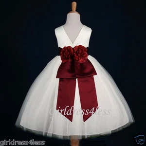 IVORY/BURGUNDY WINE WEDDING GOWN PRINCESS FLOWER GIRL DRESS 18M 2 4 6 8 10 12 - Picture 1 of 2