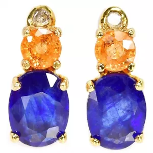 925 STERLING SILVER EARRING GENUINE BLUE-ORANGE SAPPHIRE 14K YELLOW GOLD PLATED - Picture 1 of 6