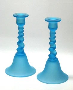2x TIFFIN glass #315 SKY BLUE SATIN 8 3/4 inch TWIST CANDLESTICK PAIR 1920s - Picture 1 of 4