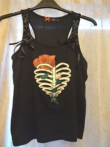Hell Bunny Rib Cage and Rose Vest Top Women's Size L