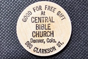 Vintage Wooden Nickel Central Bible Church Denver Colorado Black - Picture 1 of 2