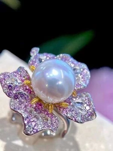 Gorgeous Huge Aaaa 10-11 Mm Real Natural South Sea White Round Pearl Ring 925s - Picture 1 of 2