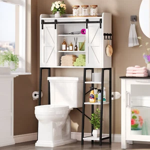 Over The Toilet Storage Cabinet with 2 Barn Door & Towel Holder Home Toilet Rack - Picture 1 of 12