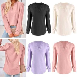 Womens Plain Long Sleeve V-neck Pullover Blouse Ladies Casual Loose T-shirt Tops - Picture 1 of 16