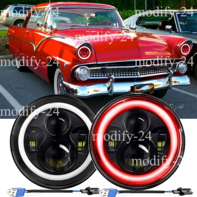 Fit Ford Fairlane Falcon 7" Round Projector Hi/Lo Red Halo H4 Led Headlight Bulb - Image 1 of 4