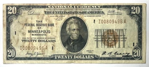 1929 $20 BROWN SEAL NATIONAL CURRENCY  NOTE MINNEAPOLIS I00809496 A - Picture 1 of 2