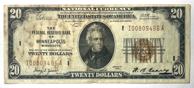 1929 $20 BROWN SEAL NATIONAL CURRENCY  NOTE MINNEAPOLIS I00809496 A - Image 1 of 2