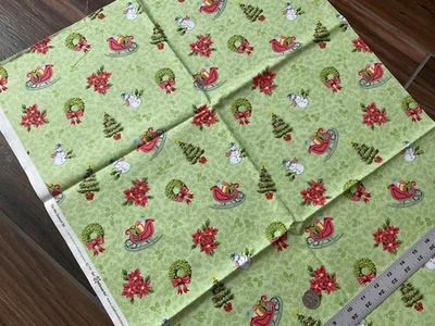  Christmas Cotton Fabric Lime Green Red Snowman Pine Trees Poinsettias Sleds - Image 1 of 4