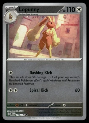 Lopunny 108/132 MEG ME01: Mega Evolution Reverse Holo NM - Image 1 of 2