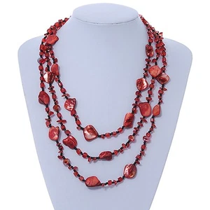 Three Strand Glass and Shell Bead Necklace in Red/ Black - 60cm L - Picture 1 of 4