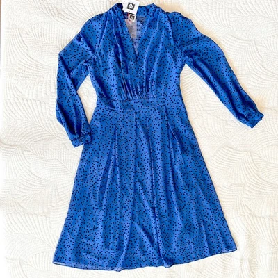 Vestido midi Anne Klein azul y negro a lunares de gasa transparente entallado y acampanado talla 8 Foto 1 de 4