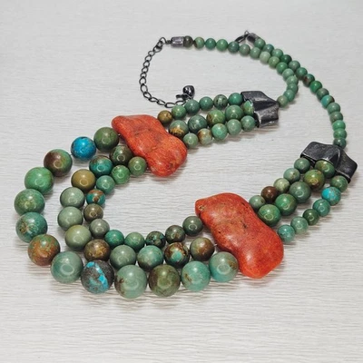 Mojave Turquoise 3 Strand BOLD Necklace Large Coral Accents Jay King 925 DRT - Image 1 of 4