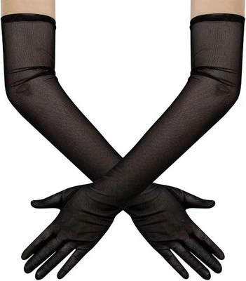 "Hazhlko Women's Long Stretchy Mesh Tulle Sheer Gloves Costume Wedding Black " - Image 1 of 4