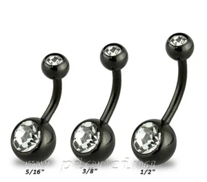Double Gem Black PVD Plated Steel Navel Ring Belly Button Ring 14G 5/16"-1/2" - Picture 1 of 2