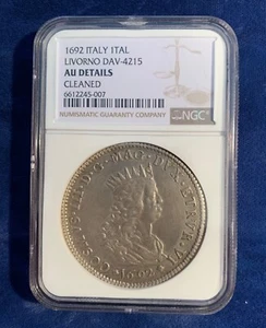 ITALY TUSCANY/LIVORNO COSIMO III  1692 TALLERO SILVER COIN NGC CERTIFIED AU DET. - Picture 1 of 7