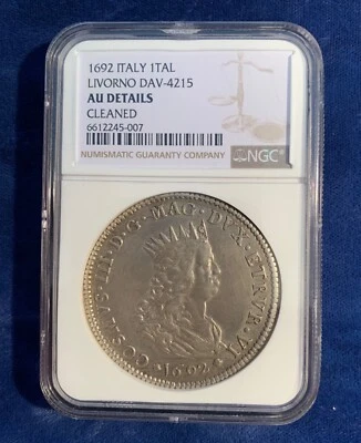 ITALY TUSCANY/LIVORNO COSIMO III  1692 TALLERO SILVER COIN NGC CERTIFIED AU DET. - Image 1 of 4