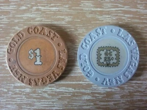 (2) Gold Coast Casino Chips Las Vegas Nevada $1 Chip & 25 Cent Chip 1980s - Picture 1 of 2
